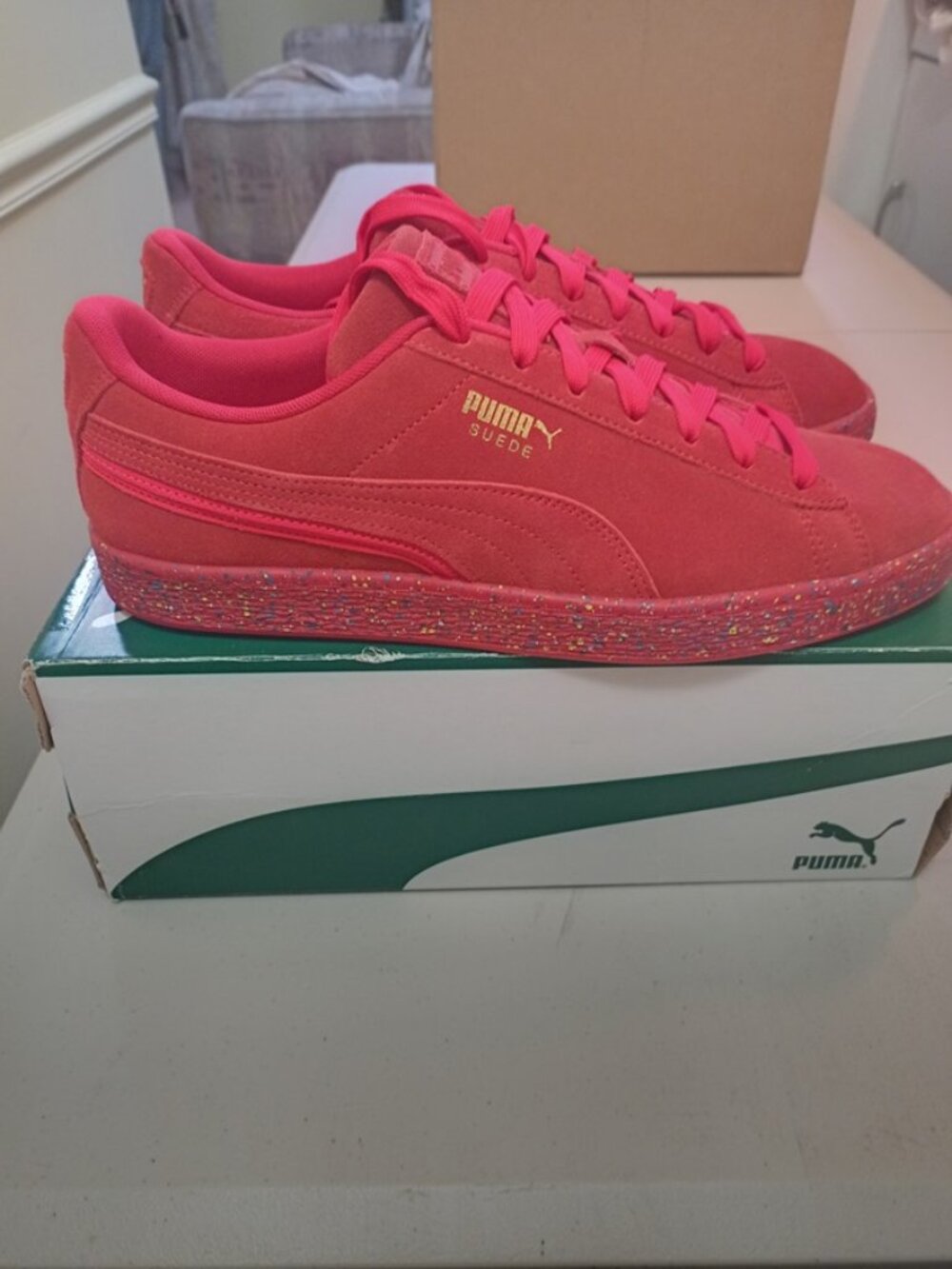 Size 10.5 - Puma Suede Triplex Mono Red Paint Splatter Shoes Sneakers OG Box EUC